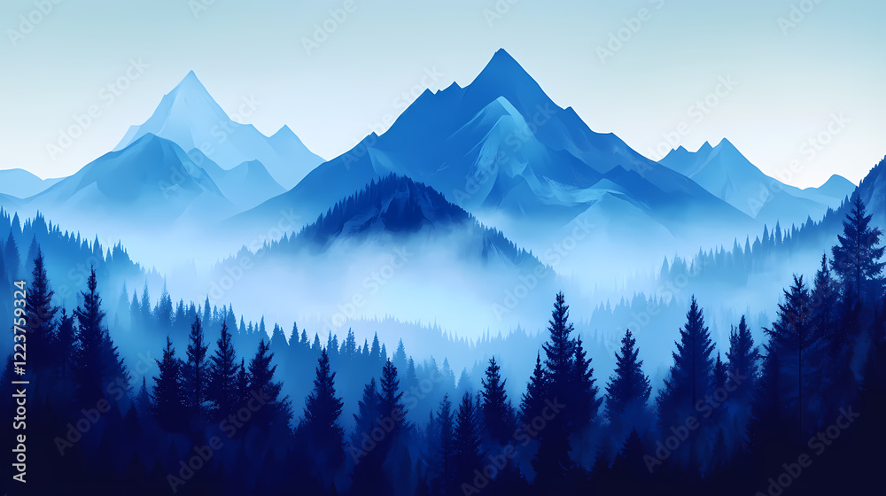 Obraz premium Fog-covered peaks that loom like giants in the night. Whispering Peak. Illustration