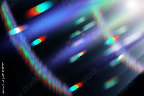 Abstract composition of rainbow light streaks with a prism effect and bokeh highlights on a dark background.This vibrant, futuristic design evokes creativity and modernity,perfect for digital artwork