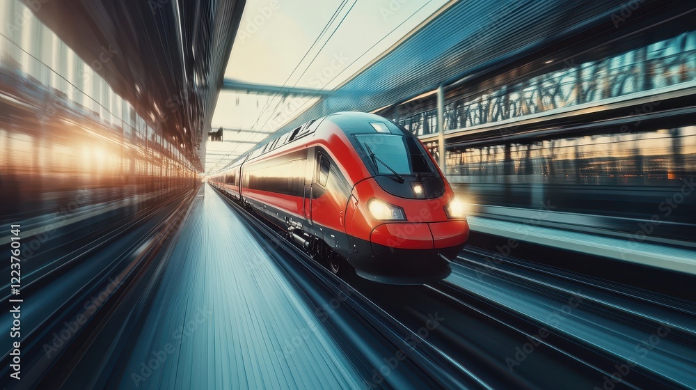 Red High Speed Train Traveling Through Modern Cityscape Red High Speed Train Traveling Through Modern Cityscape