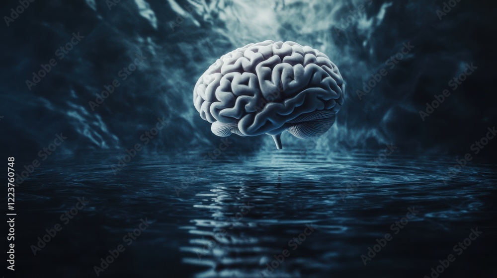 A surreal image of a human brain floating in a pool of liquid, with a dark, ethereal background A surreal image of a human brain floating in a pool of liquid, with a dark, ethereal background