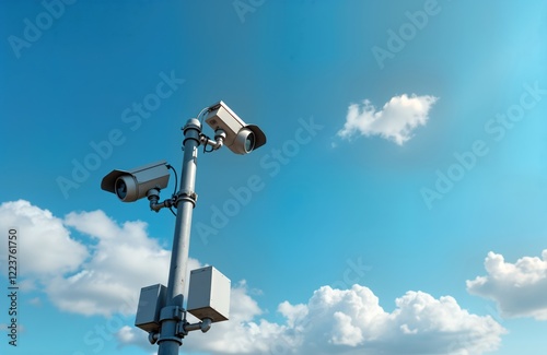 Two modern speed cameras mounted on tall pole against clear blue sky with scattered white clouds. Cameras positioned to monitor traffic on city highway. System ensures efficient speed control, sends