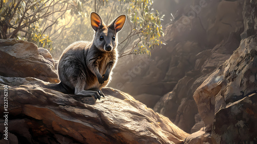 Hyper realistic wild animals, brush-tailed rock wallaby on rocky ledge. Wild Ridge. Illustration photo