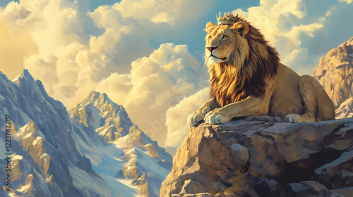 Lion with crown perched regally on a rocky ledge. Wild Ridge. Illustration photo