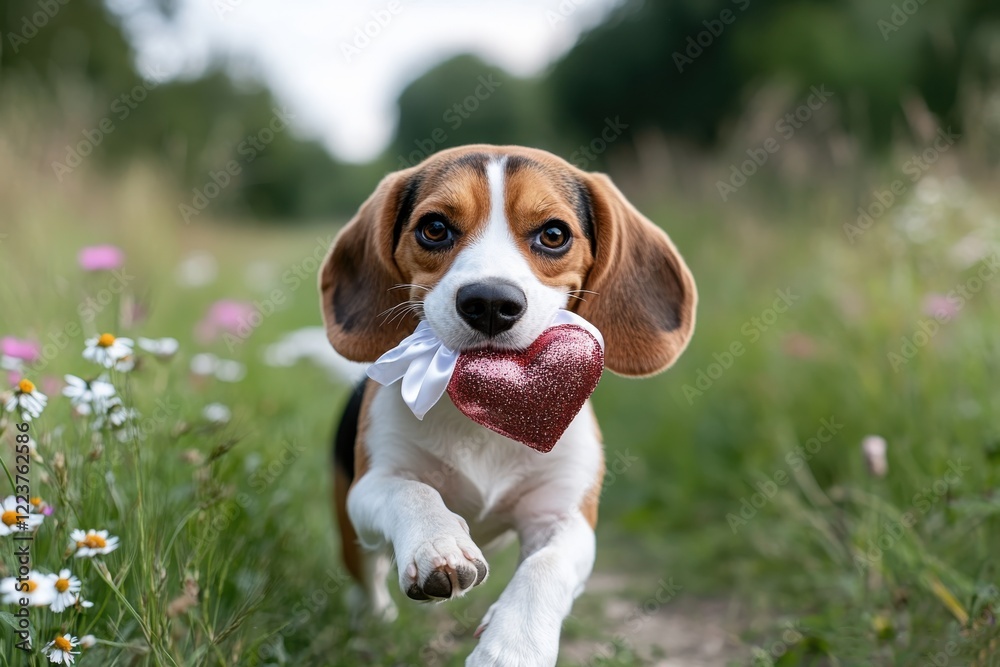 This lively image portrays a playful beagle bounding through a field while proudly holding a heart-shaped decoration in its mouth, capturing the essence of joy and affection. This lively image portrays a playful beagle bounding through a field while proudly holding a heart-shaped decoration in its mouth, capturing the essence of joy and affection.