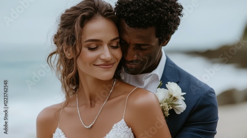 A couple celebrates their love on a beach, surrounded by gentle waves and soft lighting. The bride wears a beautiful gown while the groom holds her close, radiating joy and happiness