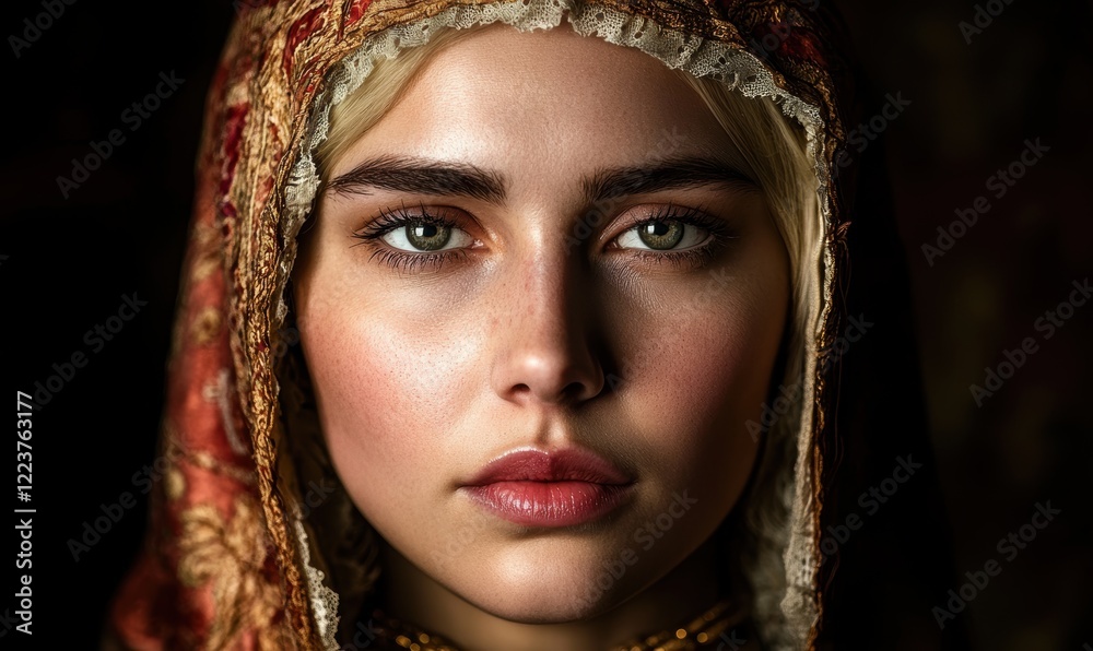 Close-up portrait of a woman wearing a hooded cloak Close-up portrait of a woman wearing a hooded cloak