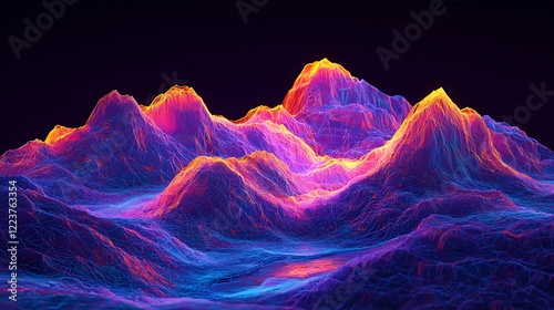 Futuristic neon landscape with digital mountains and glowing rivers, ideal for sci-fi backgrounds or album covers.