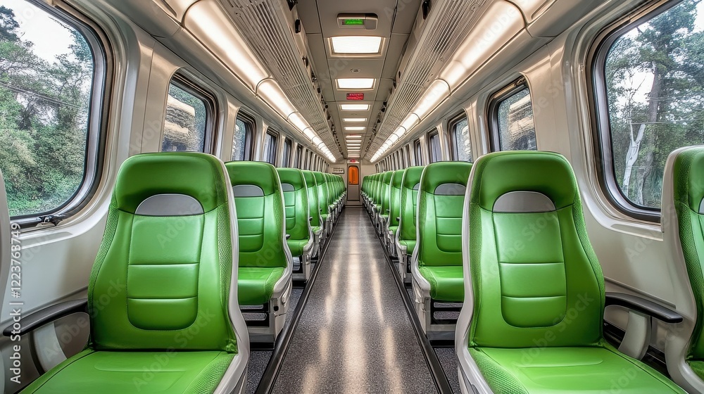 Obraz premium Empty train carriage features vibrant green seats, spacious aisle, and large windows letting in natural light, creating a calm and inviting atmosphere for travelers
