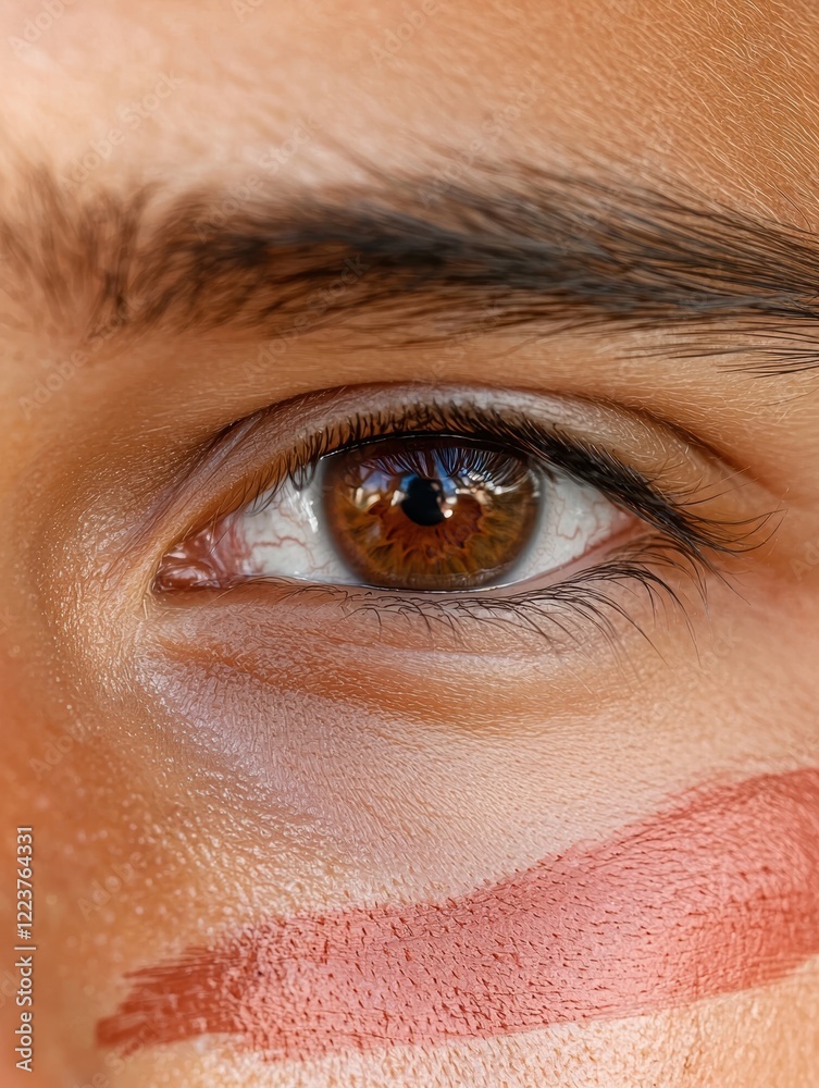 Obraz premium Close-up of a person's eye with brown iris and pink eyeshadow