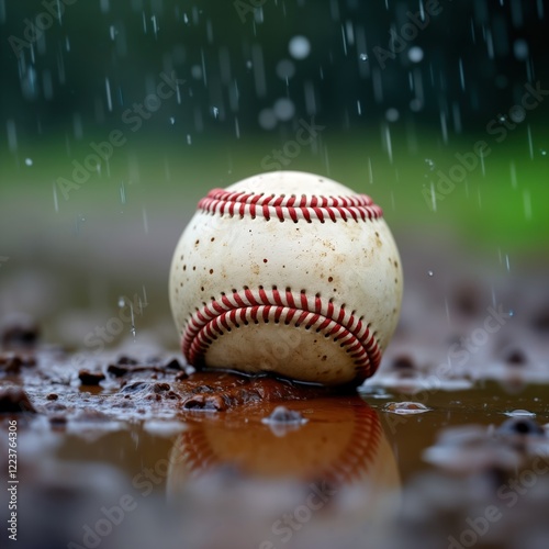Baseball sits in muddy puddle on rainy baseball field. Game interrupted by rain. Wet sport equipment. Nature delay. Sports photo. Outdoor scene. Rainy day. Sports photo. Outdoor moment.