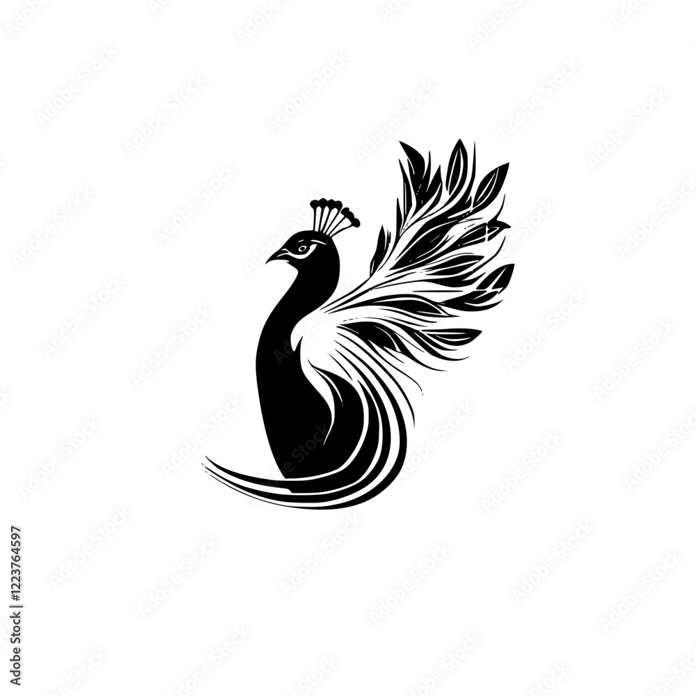 Fototapeta premium Elegant Peacock Silhouette: A Black and White Bird Design. Perfect for nature lovers and art enthusiasts, this stylized peacock illustration is a symbol of beauty and elegance.