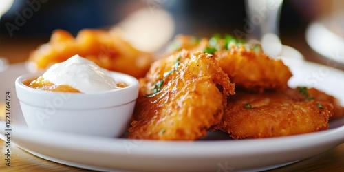 A close-up of freshly fried latkes served with sour cream and applesauce photo