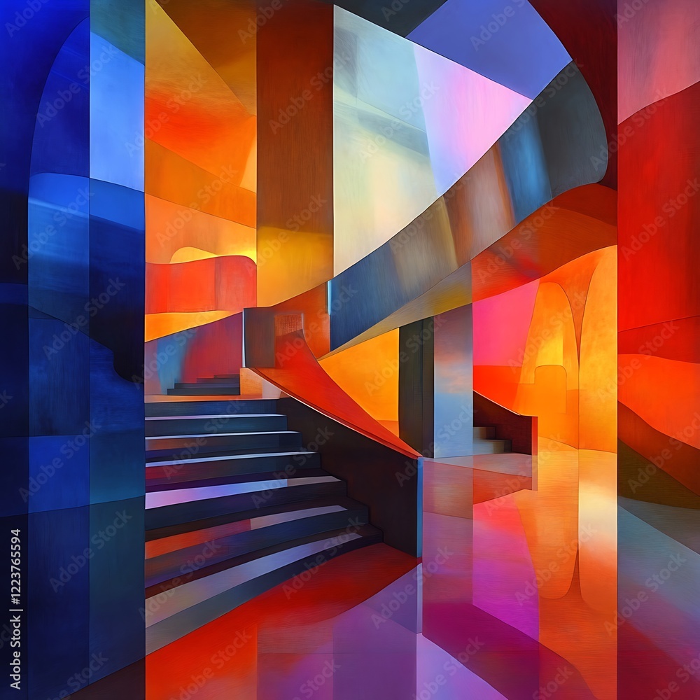 Obraz premium Stunning interior design featuring abstract shapes and vibrant colors with geometric inspirations