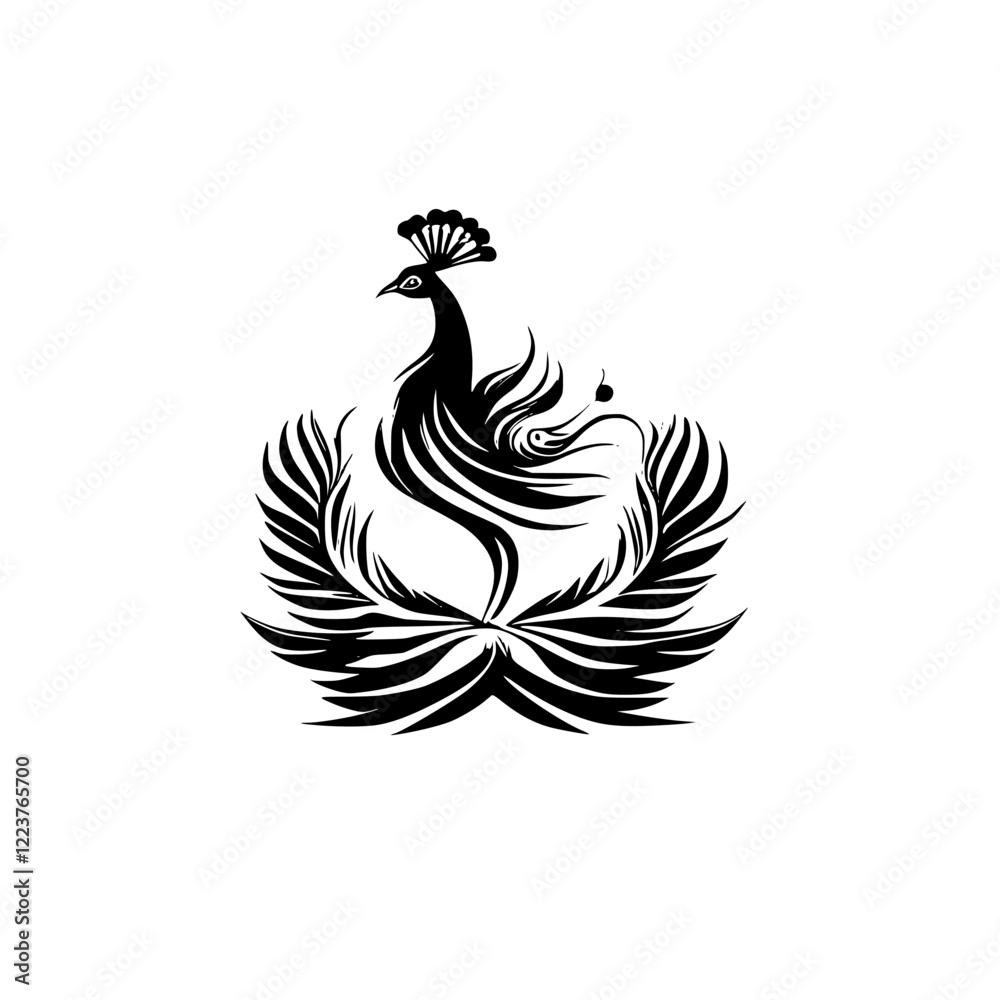 Fototapeta premium Elegant Peacock Silhouette: A Black and White Ornate Bird Design