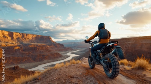 Biker Riding Motorcycle On Rugged Terrain With Scenic Canyon And River During Beautiful Sunset