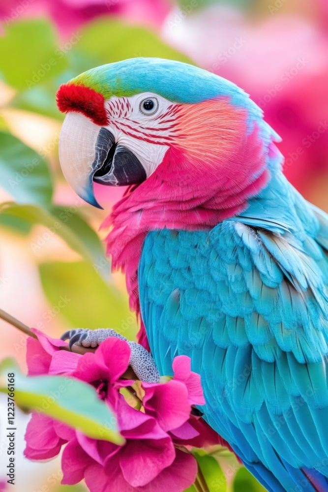 Obraz premium Exotic Hyacinth Macaw perched among vibrant fuchsia flowers, showcasing stunning blue feathers and unique burgundy accents in a lush tropical setting