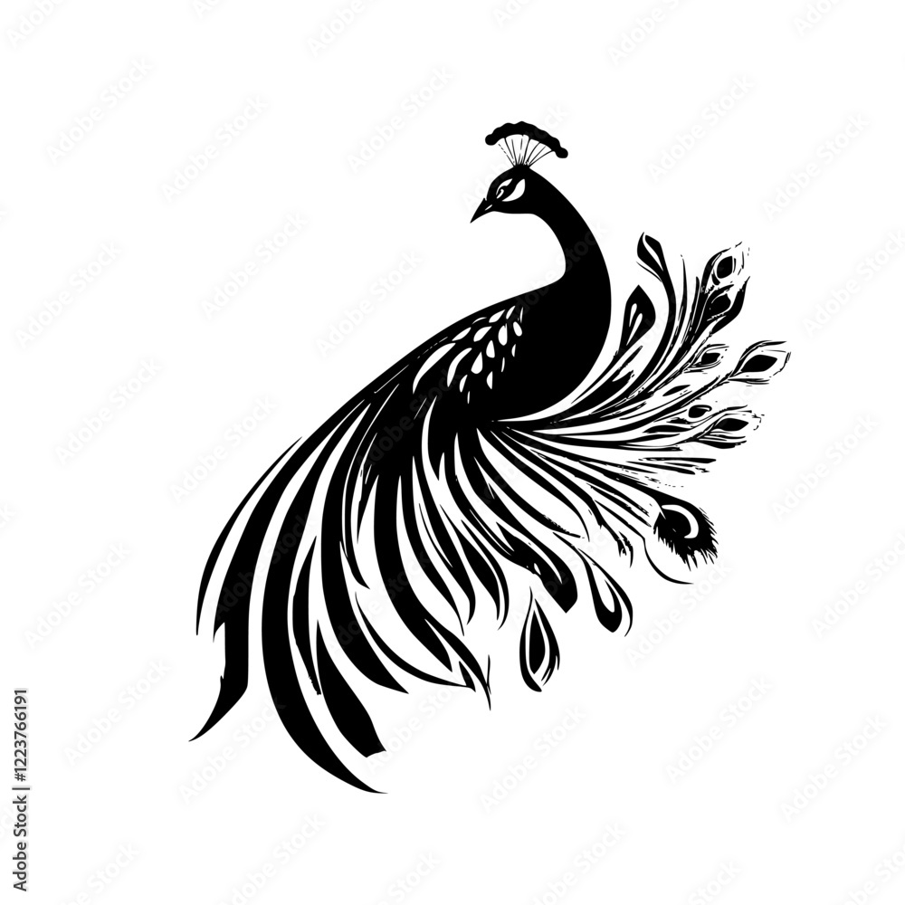 Obraz premium Elegant Peacock Silhouette: Black and White Bird Feather Design. Perfect for nature lovers and art enthusiasts. A stunning graphic for home decor or fashion.