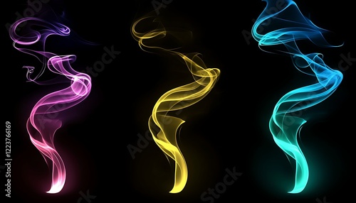 Abstract neon smoke designs in a dark environment, creating mysterious and ethereal forms perfect for background or overlay effects.
