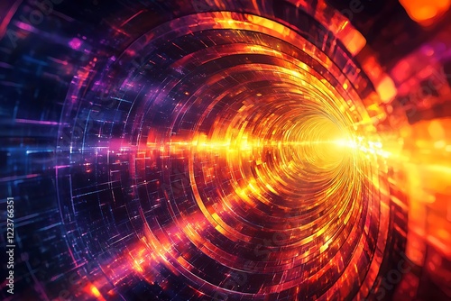 Abstract neon tunnel with glowing geometric patterns creating a sense depth and movement, ideal for a dynamic background.