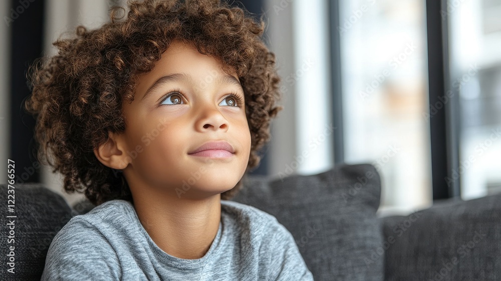 A young child with curly hair sits comfortably on a sofa, looking up with an inquisitive expression. The soft light from the window illuminates the cozy interior, creating a warm atmosphere A young child with curly hair sits comfortably on a sofa, looking up with an inquisitive expression. The soft light from the window illuminates the cozy interior, creating a warm atmosphere