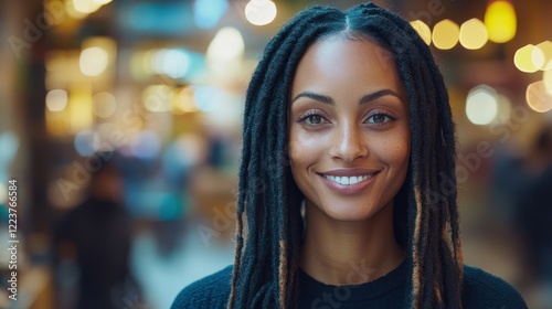 A woman with long dreadlocks stands confidently in a lively market filled with warm lights. Her smile radiates joy against the background of people and vibrant stalls