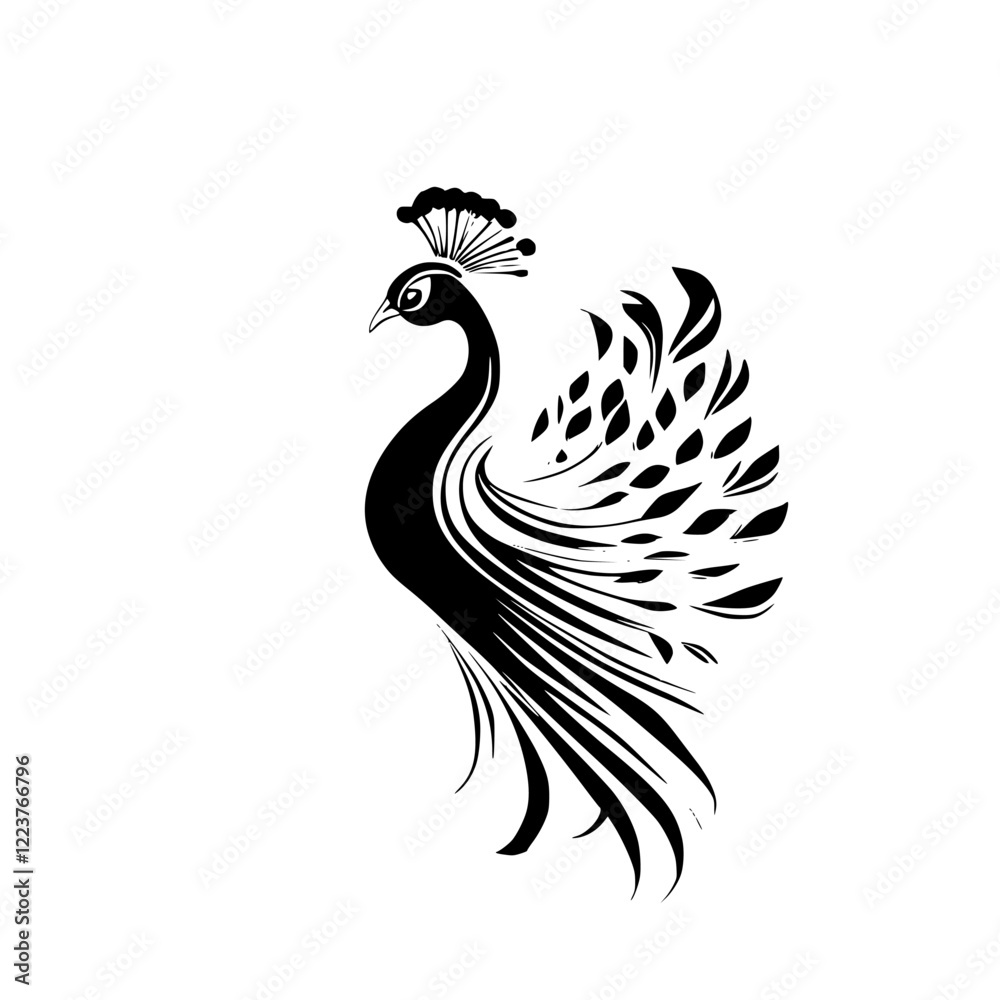 Fototapeta premium Elegant Peacock Silhouette: A Black and White Bird Illustration