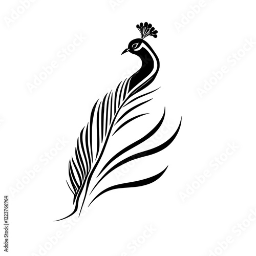 Elegant Peacock Feather: Black and White Minimalist Bird Design.  Perfect for nature lovers and graphic designers seeking a sophisticated, artistic image.