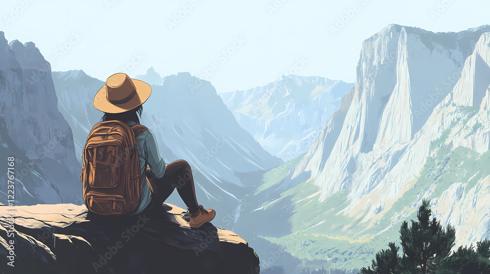 Fototapeta premium A person sits on a ledge overlooking a vast mountain landscape, wearing a hat and backpack, enjoying the scenic view. Wild Ridge. Illustration