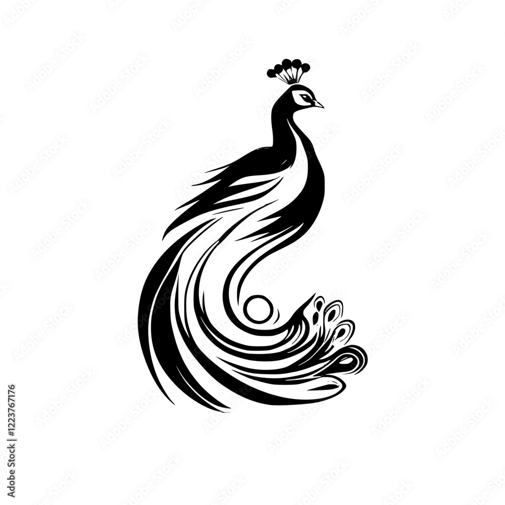 Fototapeta premium Elegant Peacock Tail Feathers: Abstract Bird Graphic Design. Black and White Vector Illustration. Perfect for home decor, fashion, and tattoo designs.