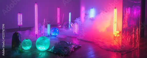 Art installations with neon recycling themes, focusing on the use recycled materials lit by neon to promote environmental consciousness.