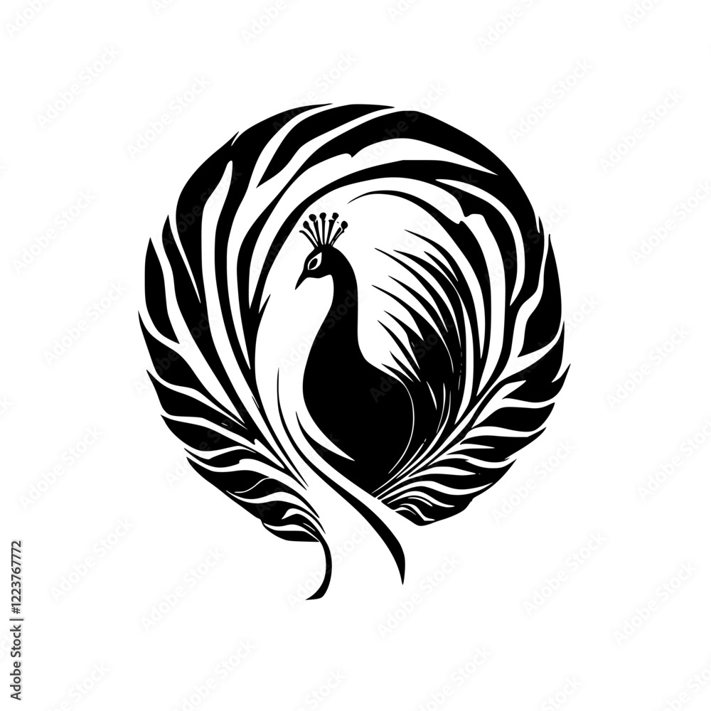 Fototapeta premium Majestic Peacock: A Black and White Artistic Illustration of a Peacock in a Circular Frame. Elegant and Ornate Design, Perfect for Home Decor or Fashion Prints.