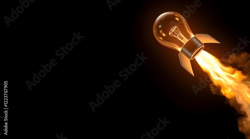 Fototapeta Naklejka Na Ścianę i Meble -  a light bulb rocket taking off, creative idea or development successful launches, large space for copy