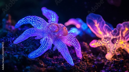 Bioluminescent sea creatures with neon effects, illustrating the natural glow deep-sea life enhanced with artistic neon colors for a mystical look.