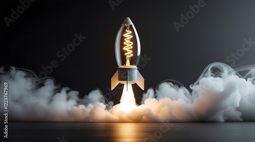 a light bulb rocket taking off, creative idea or development successful launches, large space for copy