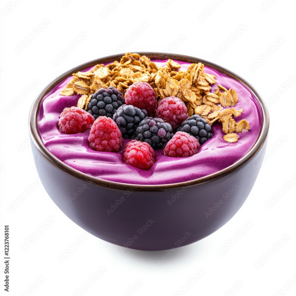 A colorful bowl of mixed berry smoothie with granola topping, isolated white background, abstract art style A colorful bowl of mixed berry smoothie with granola topping, isolated white background, abstract art style