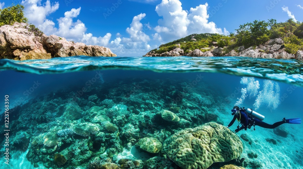 Fototapeta premium A diver exploring a coral reef teeming with marine life in clear turquoise water
