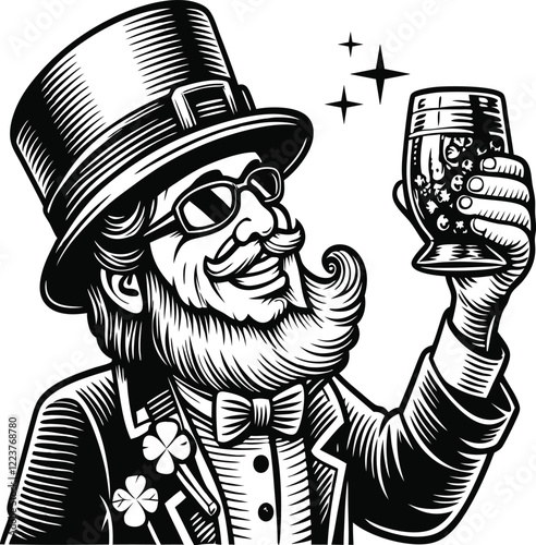 leprechaun raising a whiskey glass, wearing a top hat with a shamrock  transparent background vector with a twisted trunk and lush foliage, symbolizing art sketch engraving ink poster 