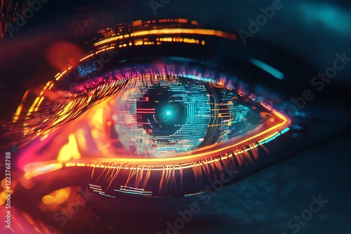 Cybernetic eye with neon detailing, illustrating futuristic vision or surveillance concepts, perfect for tech-themed designs.