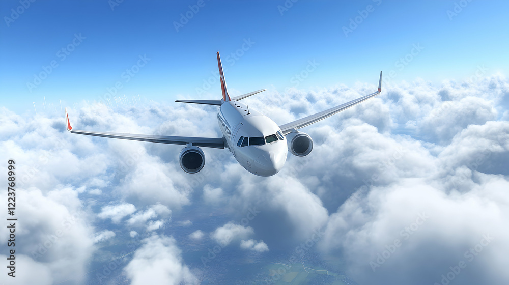 Passenger plane soaring through a blue sky with clouds Passenger plane soaring through a blue sky with clouds