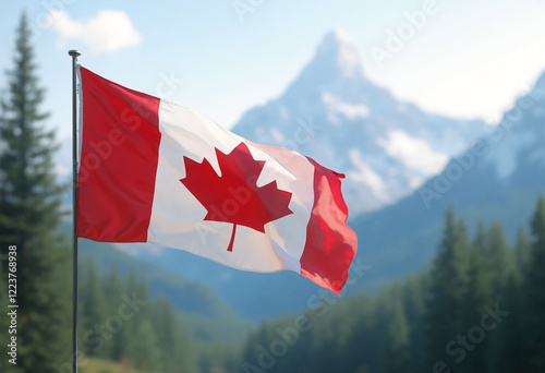 Canadian Flag Waving in Front of Scenic Mountain Landscape