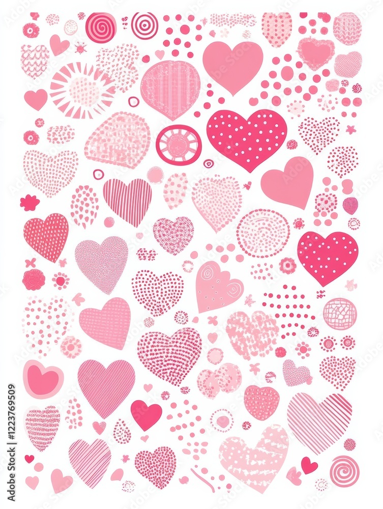 A diverse assortment of heart shapes in shades of pink with intricate patterns and designs fills the entire surface. Crafted for artistic projects and decorations, this lively display adds charm A diverse assortment of heart shapes in shades of pink with intricate patterns and designs fills the entire surface. Crafted for artistic projects and decorations, this lively display adds charm