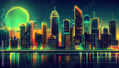 Dynamic neon skyline a futuristic metropolis, illustrating a vibrant and active city life in a graphic novel