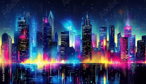 Dynamic neon skyline a futuristic metropolis, illustrating a vibrant and active city life in a graphic novel