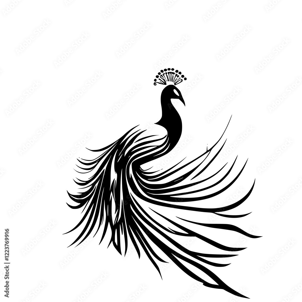 Fototapeta premium Elegant Peacock Silhouette: Black and White Bird Feather Design. A stunning abstract illustration of a peacock, perfect for nature lovers and art enthusiasts.