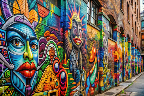 Vibrant mural art on a brick wall in a city alleyway.