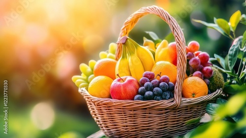 Fototapeta Naklejka Na Ścianę i Meble -  Basket of colorful fruits including oranges and bananas
