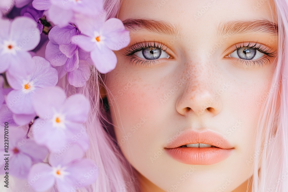 Portrait of a woman with pastel lavender hair surrounded by delicate flowers in soft lighting showcasing modern ethereal fashion aesthetics Portrait of a woman with pastel lavender hair surrounded by delicate flowers in soft lighting showcasing modern ethereal fashion aesthetics
