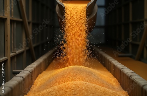 Grain pours from hopper into silo. Agricultural machinery at work. Industrial grain storage process. Grain pouring actively. Grain production. Bulk storage of crops. Modern farming. Industrial
