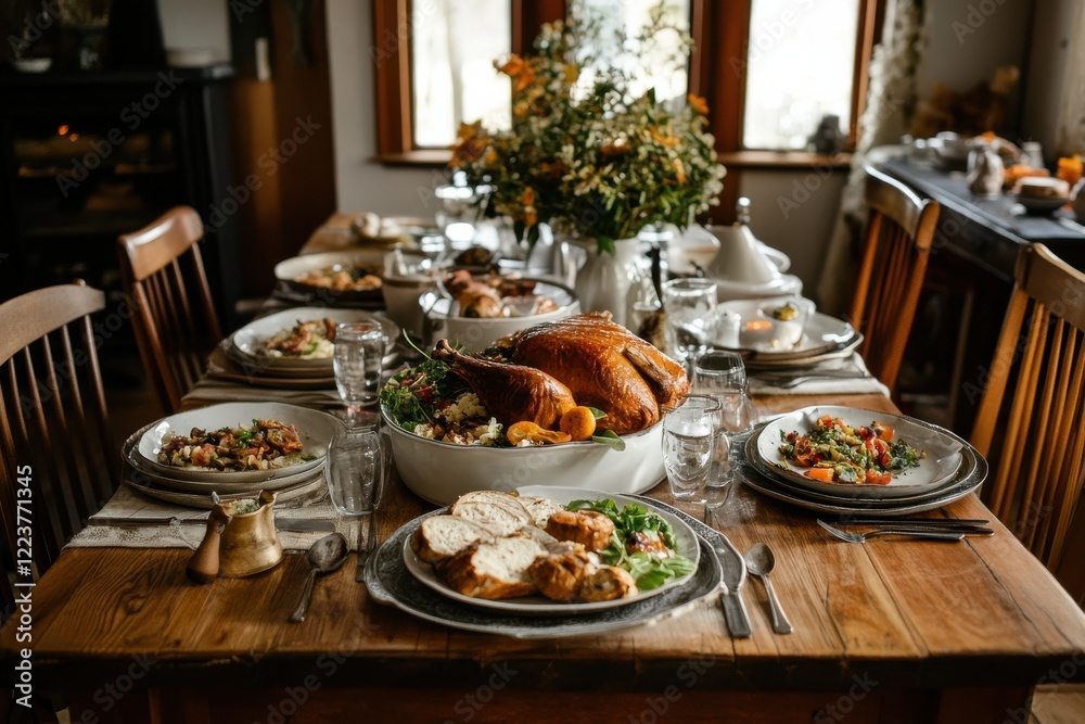 A family enjoying a traditional meal at a farmhouse table A family enjoying a traditional meal at a farmhouse table