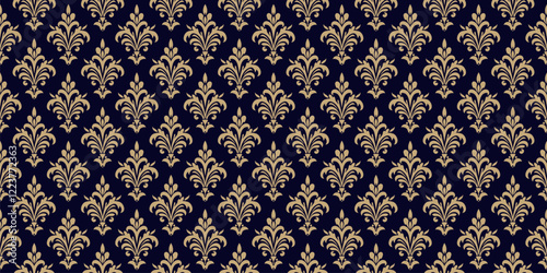 ELegant vintage damask seamless pattern. Golden vector ornamental background. Luxury black and gold ornament in baroque, rococo, renaissance, revival style. Abstract texture with curly floral elements